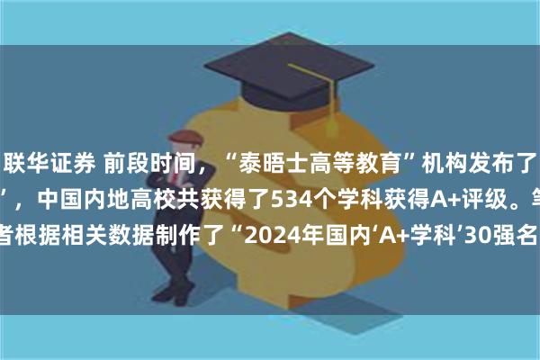 联华证券 前段时间，“泰晤士高等教育”机构发布了“2024年中国学科评级”，中国内地高校共获得了534个学科获得A+评级。笔者根据相关数据制作了“2024年国内‘A+学科’30强名单”（按照A+学科数量排名）